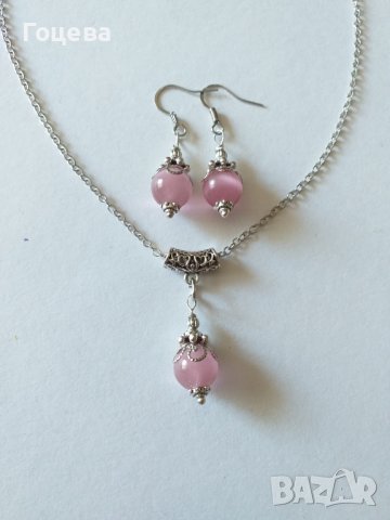 Красиви и нежни обици и колие с розови камъни Хризоберил- Котешко око и обков от изящни орнаменти , снимка 5 - Бижутерийни комплекти - 37024195