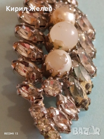 Винтидж Чешка брошка с кристали и перли 42385, снимка 6 - Антикварни и старинни предмети - 52571799