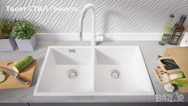 Бял гранитна мивка с две корита за вграждане под плот Лондон 80 Twin 760 x 470 мм, снимка 4 - Мивки - 48662335