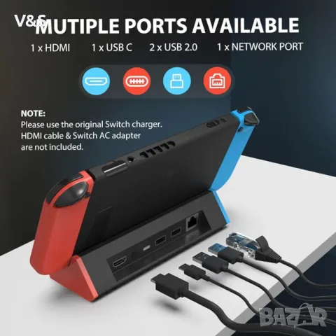 Докинг станция,SiWiQU Switch TV Dock - 1000Mbit Ethernet адаптер, съвместима с Nintendo Switch/Switc, снимка 4 - Nintendo конзоли - 48906548