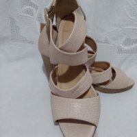 MANFIELD - ЕСТЕСТВЕНА КОЖА - елегантни сандали, широки каишки, цвят бежов, снимка 1 - Дамски елегантни обувки - 32398194