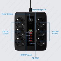 Универсален разклонител с 6 гнезда,3.4А, 5 USB порта и 1 Type-C портала, 3000W, Power Socket QC3.0., снимка 2 - Мрежови адаптери - 40787571