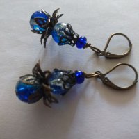 Красиви Викториански обеци с мъниста кракъл в синьо и бронз., снимка 4 - Обеци - 26376330