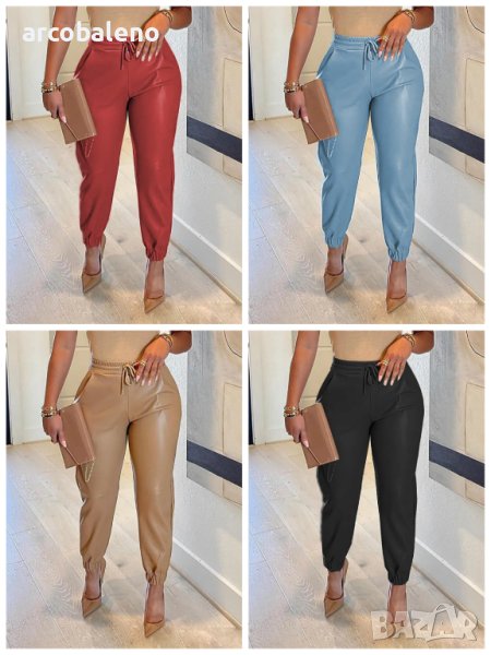 Дамски едноцветни кожени панталони с джоб с връзки, 4цвята, снимка 1