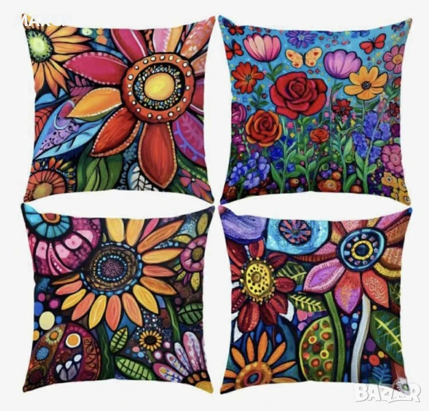 Комплект от 4 бр. декоративни калъфки за възглавници с ципче и ярък многоцветен десен - мека гладка , снимка 1