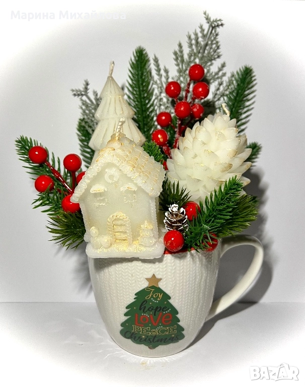 Коледни чаши и кашпи със свещи и коледни декорации, снимка 1