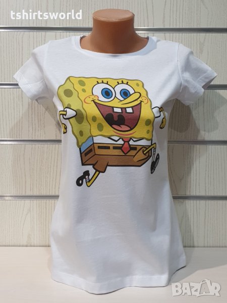 Нова дамска бяла тениска с дигитален печат Спондж боб, SpongeBob, снимка 1