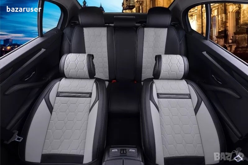 К-т Сиво-Черна Кожена Тапицерия(Калъфи за Седалки) Подходящ за всички автомобили, снимка 1