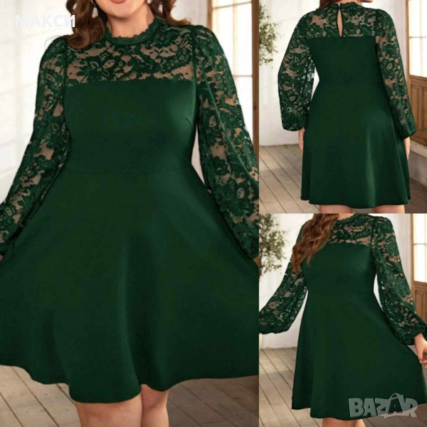 Макси елегантна еластична клоширана рокля с ефектни еластични дантелени части + ръкави в маслено зел, снимка 1