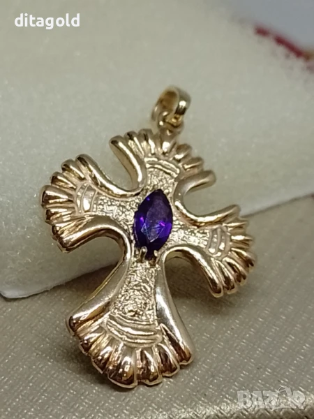 Нов 14К златен масивен медальон - кръст, с естествен аметист, снимка 1