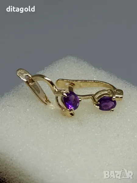Нови 14К златни обеци с естествени аметисти, снимка 1