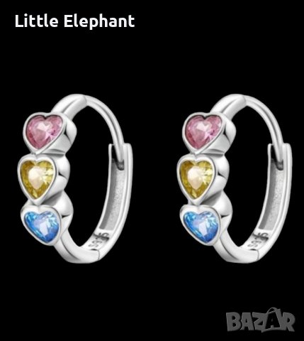Дизайнерски модел сребърни обеци халки ,triple coloured hearts,pink,yellow,blue/нови