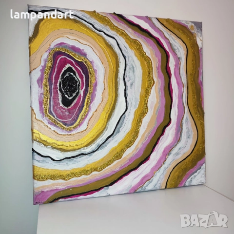 Абстрактна картина "Геода" в златно и розово, снимка 3 - Декорация за дома - 31277477