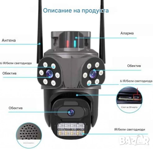 Тройна външна въртяща се WiFi AI камера 9MP с три обектива, ICSee, Черна + 64GB карта, снимка 10 - Комплекти за видеонаблюдение - 51029792