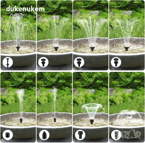 Соларен фонтан 7.5W с филтър, 10 дюзи, защита от сух ход и стъклен соларен панел, снимка 4 - Градински мебели, декорация  - 52521054