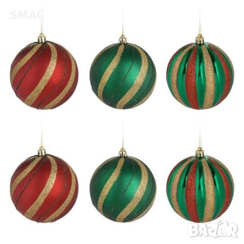 Коледни топки червено-зелено с брокатени ивици Ø10 см, 6 бр._1241036