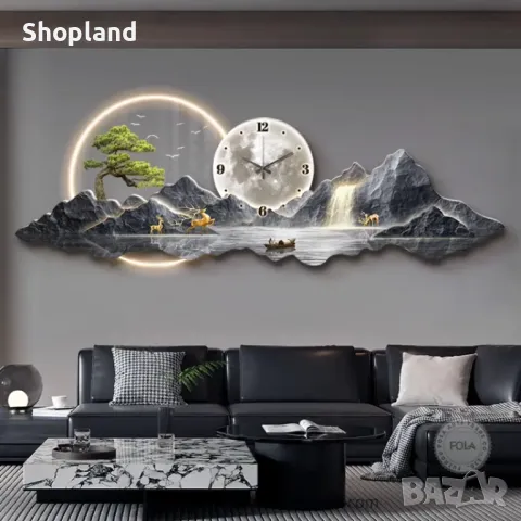 Модерна пейзажна кристална картина с LED осветление и стенен часовник
