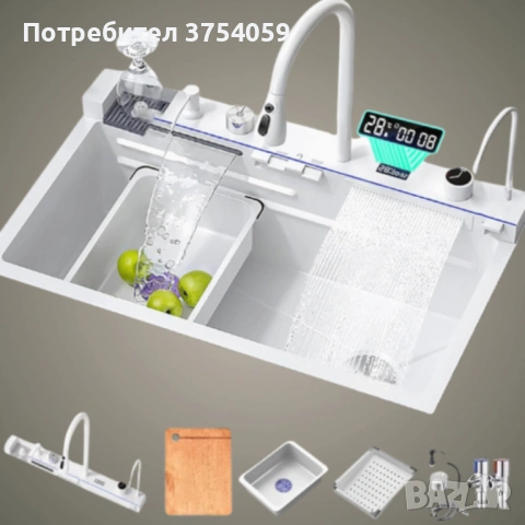 Умна кухненска мивка с изтеглящ се кран – LED дисплей, водопад, филтрирана вода и пълен комплект за , снимка 8 - Мивки - 53124411