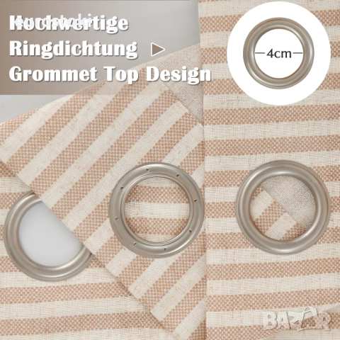 Ленени завеси Topick, раирани завеси с капси, 130 x 175 см, модерни бежови завеси с ленен вид, хол, снимка 3 - Пердета и завеси - 51897421