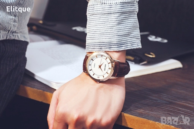 Класически ръчен часовник с к.а кафява верижка. Аналогово показване на часа. Златен ръб на циферблат, снимка 9 - Мъжки - 52819435