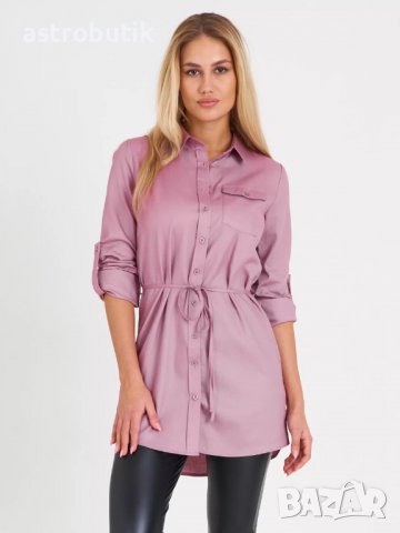 Удължена памучна риза с колан/бяла/