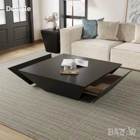 Модерна Минималистична дървена трапецовидна холна масичка за кафе с място за съхранение, дъбов фурни, снимка 13 - Маси - 48397525