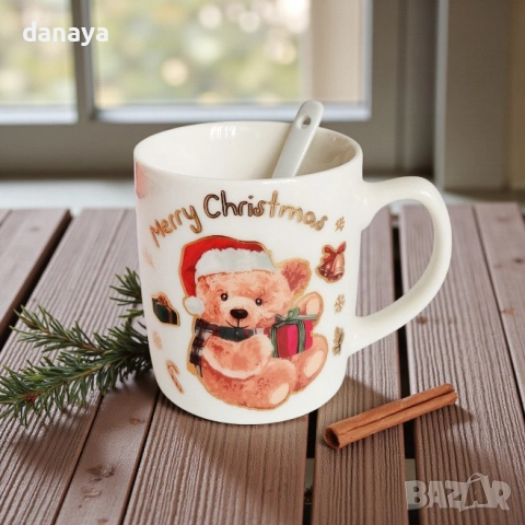 6239 Коледна чаша Merry Christmas с мече и лъжичка, 180мл, снимка 2 - Чаши - 52661003