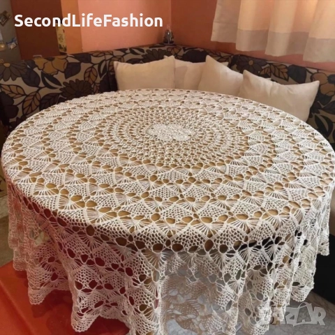 Ретро ръчно плетена кухненска покривка, кръгла,160 см екрю, ретро, ​​ръчна изработка една кука , снимка 7 - Покривки за маси - 52817116