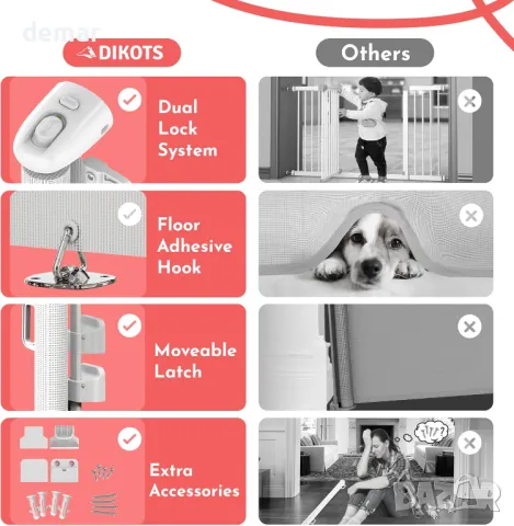 DIKOTS Dual Lock Бяла прибираща се стълбищна врата за бебета и домашни любимци, снимка 7 - Други стоки за дома - 49075447