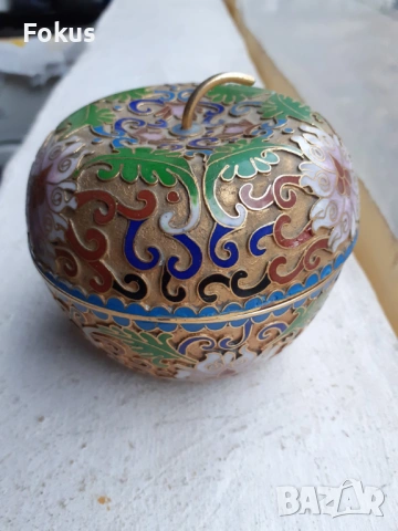 Клоазоне cloisonne клетъчен емайл бронз ваза ябълка, снимка 2 - Антикварни и старинни предмети - 53335642