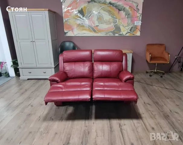 Червен кожен диван двойка с електрически релаксиращ механизъм, снимка 8 - Дивани и мека мебел - 50059015