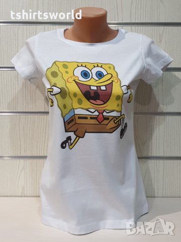 Нова дамска бяла тениска с дигитален печат Спондж боб, SpongeBob, снимка 1 - Тениски - 35577712