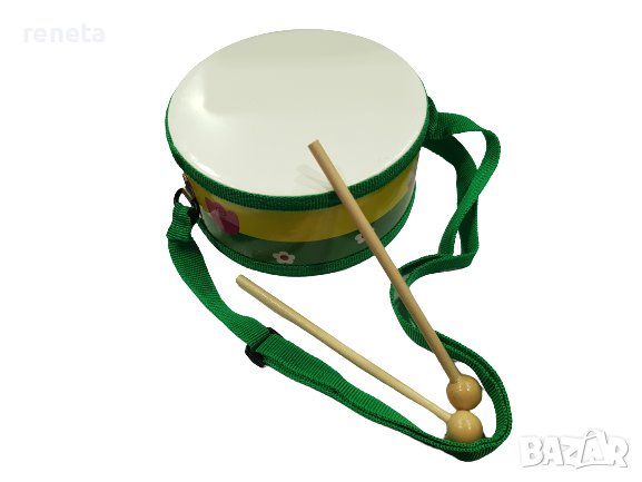 Играчка барабан, Дървена, Зелена, 15х7 см