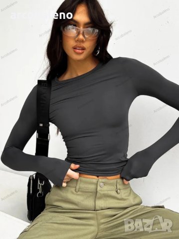 Нова дамска тениска с дълъг ръкав и кръгло деколте в плътен цвят, 6цвята, снимка 15 - Тениски - 43441996