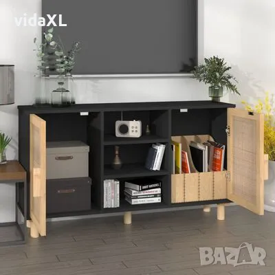 vidaXL Сайдборд, черен, 105x30x60 см, бор масив и естествен ратан（SKU:345640）, снимка 3 - Други - 48806316