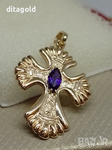 Нов 14К златен масивен медальон - кръст, с естествен аметист, снимка 1
