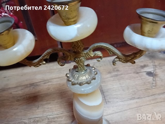 Атикварен  свещник бронз с оникс, снимка 4 - Антикварни и старинни предмети - 43376257