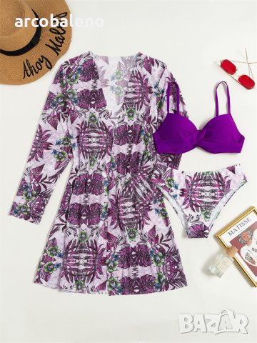 Дамски щампован бански костюм от три части с мрежесто наметало, 2цвята, снимка 3 - Бански костюми - 40547612