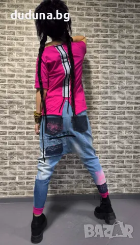 Нов страхотен дамски сет   дънкови потури и тениска в стила на дудуна!, снимка 2 - Дънки - 50276664