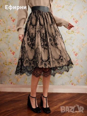 пола дантела, Миди пола, Черна дантелена пола, Елегантна пола, снимка 5 - Поли - 52213672