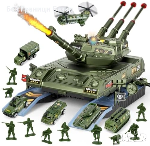 Нов Военен танк играчка + хеликоптер и камион, 6 метални мини коли, 10 войници