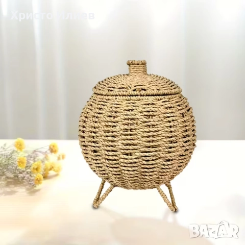 Голяма ратанова кошница с капак Огранайзер за кафе капсули Бохо стил Рустик