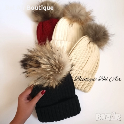 Зимна шапка с помпони от естествен косъм, зимни шапки, естествен пух, снимка 6 - Шапки - 52626026