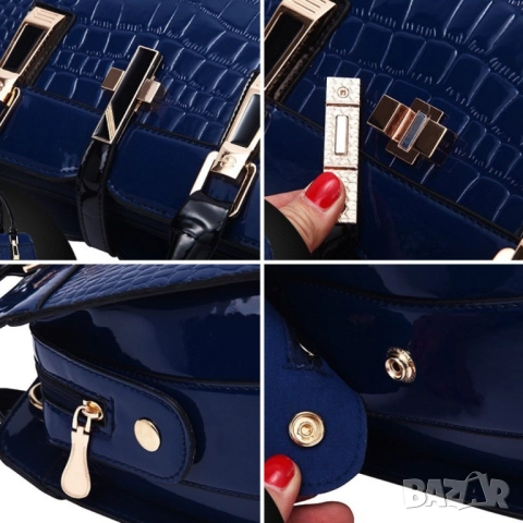 Луксозна лачена дамска чанта, имитираща крокодилски десен - черен цвят, снимка 8 - Чанти - 52112908