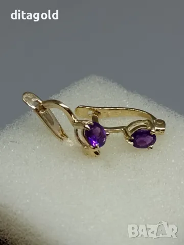 Нови 14К златни обеци с естествени аметисти, снимка 1