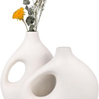 aiskding Комплект 2 ръчно изработени модерни бели керамични декоративни вази , снимка 1 - Вази - 43763734