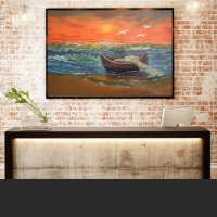 Морски залез лодка и чайки маслена картина , снимка 2 - Картини - 36380217