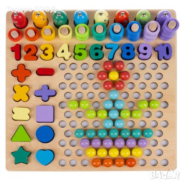 Дървена игра пъзел с цифри, букви, форми, топчета, рингове, снимка 1