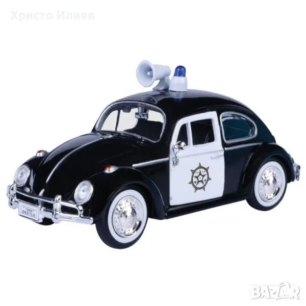 Метална количка кола Volkswagen 1:24 Beetle 1966 Фолксваген Бийтъл Полицейска кола, снимка 1