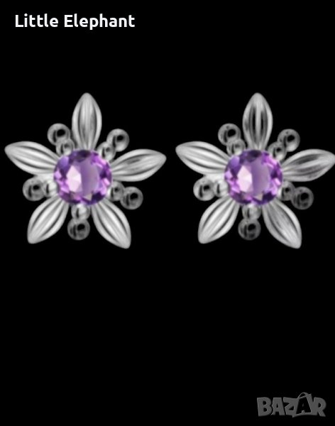 Сребърни обеци с 5 листенца,колекция"Flowers",purple/нови, снимка 1
